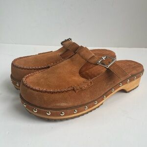 Kelsi Dagger Brooklyn stud wooden heel brown suede Clogs mules size 9